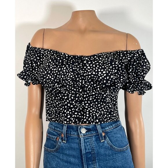 NWT Bar III Smocked Off-The-Shoulder Crop Top Black & White Dash Dot - Picture 1 of 7